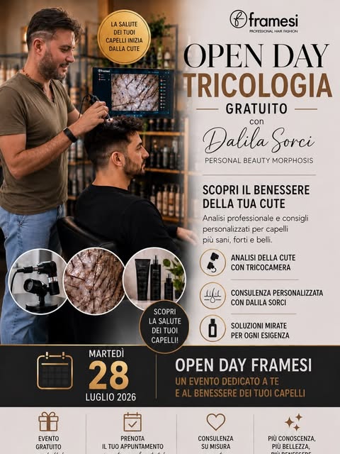 Locandina dell'open day di tricologia gratuito con Framesi